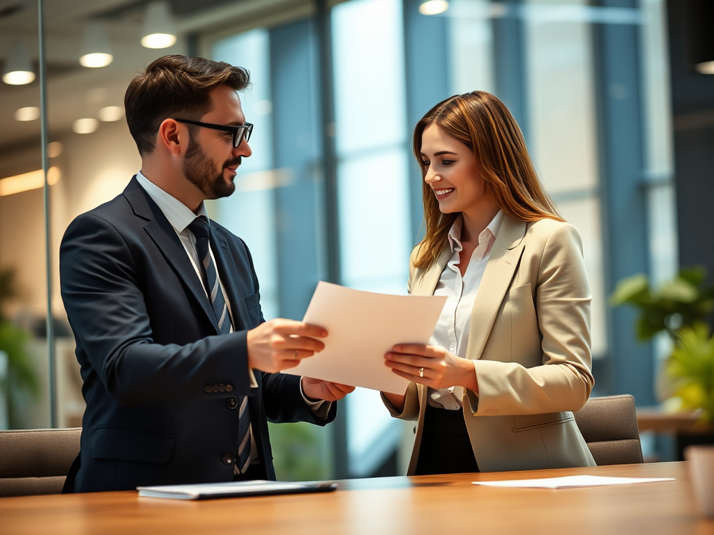 loan transaction, two business professionals exchanging documents in a modern office setting